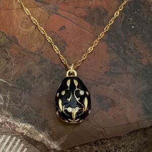 New Elegant Black Enamel & Cubic Zirconia Egg Pendant On Gold Plated Chain